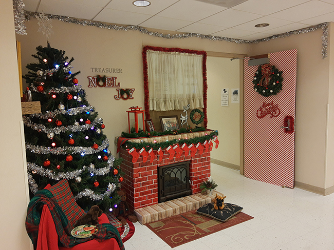 Treasurer's door decorated for Christmas 2019.